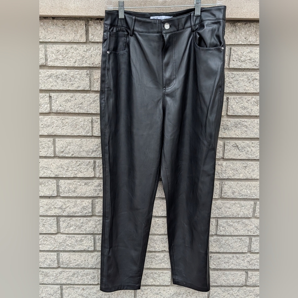 Zara Womens Black Faux Leather High Rise Straight Leg Pants Size 10 US Eur 42